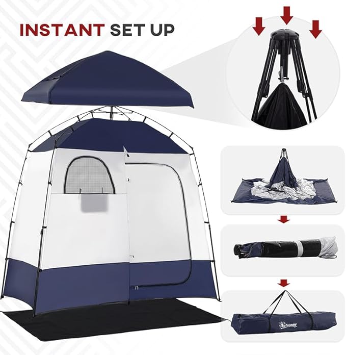 Outsunny Shower Tent, Pop Up Privacy Shelter for Camping, Dressing Changing Room, Portable Instant Outdoor Shower Tent Enclosure w/ 2 Rooms, Shower Bag, Floor and Carrying Bag