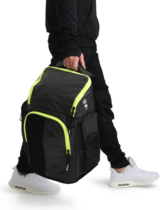 Arena Spiky III Backpack 45 Swimming Athlete Sports Gym Rucksack Large Training Gear Equipment Swim Bag for Men and Women, 45 Liters, Dark Smoke/Neon Yellow