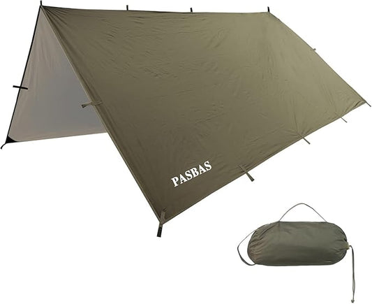 100% Waterproof Camping Shelter, Lightweight Bushcraft Emergency Tarp, 70D Ripstop Nylon 10*13.12ft Olive Drab Sun Shelter Backpacking Protable Can be Used with Car, Tent, Hammock in Hiking, Traveling