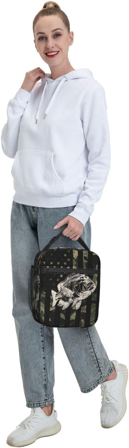 Fishing Camouflage American Flag Bass Lunch Box, Portable Insulated Lunch Bag with Detachable Handle,Reusable Lunchbox for Boys Girls Men Women Adults