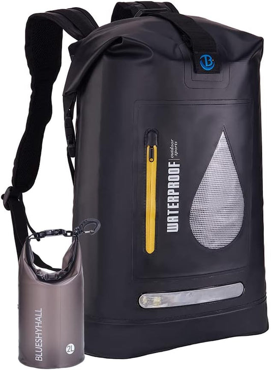 Blueshyhall 20L Waterproof Dry Backpack, Outdoor Travel Roll Top Closure Water Repellent Duffle Storage Sack for Kayaking Rafting Boating Fishing Camping and Beach - Black