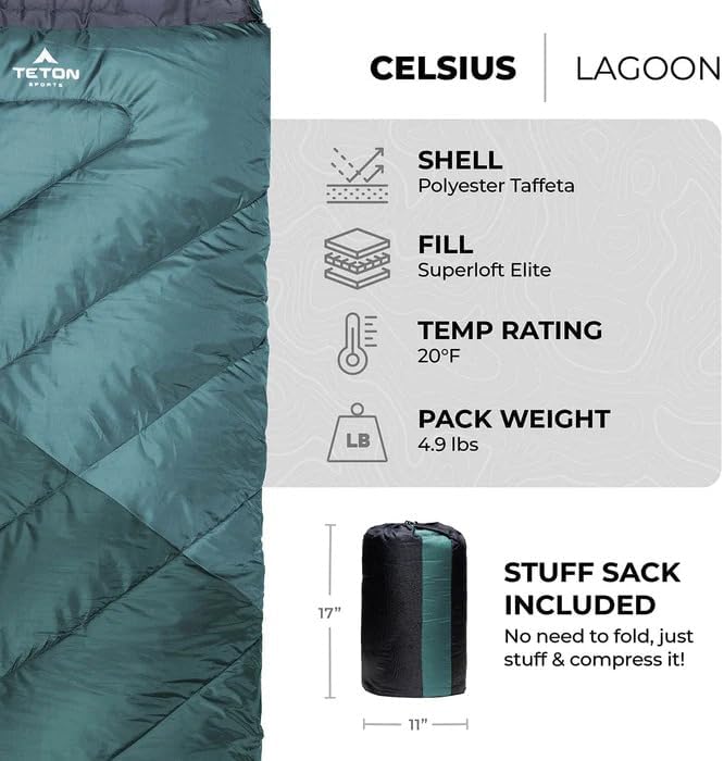 Teton Celsius Regular, -25F, 20F, 0F Degree Sleeping Bags, All Weather Bag for Adults and Kids, Camping Made Easy and Warm, Travel Sack Included