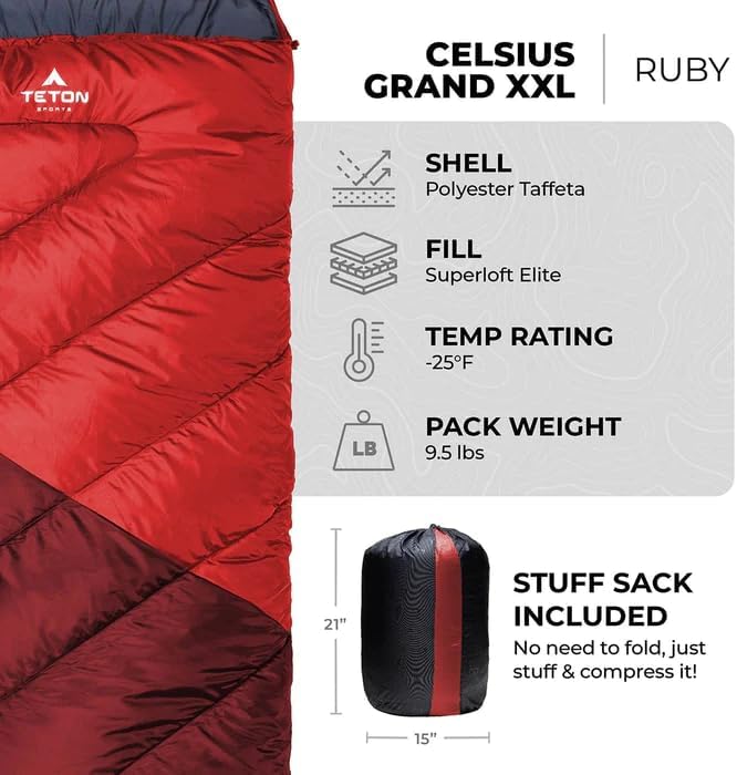 Teton Celsius XXL Sleeping Bag, Cold Weather Sleeping Bags for Adults and Kids, Camping Made Easy and Warm. Compression Sack Included, 35F, 25F, 0F, 20F Degree