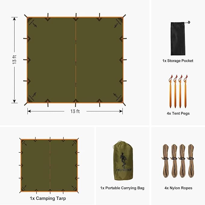 FREE SOLDIER Camping Tarp - Waterproof Portable Multifunctional Outdoor Traveling Awning Backpacking Shelter Rain Tarp (Brown 1313ft)