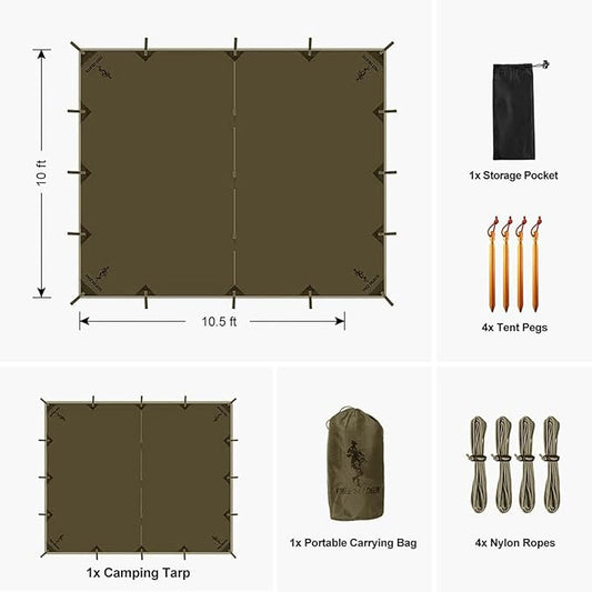 FREE SOLDIER Camping Tarp Waterproof Portable Multifunctional Outdoor Traveling Awning Backpacking Shelter Rain Tarp (Olive-Green 10×10.5ft)