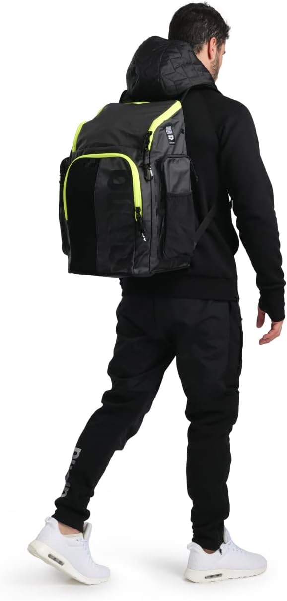 Arena Spiky III Backpack 45 Swimming Athlete Sports Gym Rucksack Large Training Gear Equipment Swim Bag for Men and Women, 45 Liters, Dark Smoke/Neon Yellow