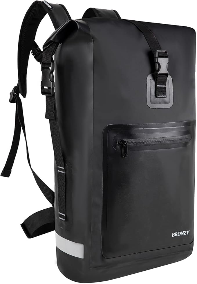 BRONZY Waterproof Backpack Dry Bag 30L Roll Top Closure with Front Zippered Pocket Heavy Duty Breathable Foam Padded Backing For Kayaking Camping Boating Hiking Beach (Black)