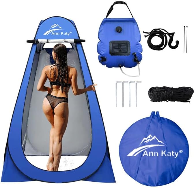 Pop Up Privacy Tent Camping Shower Kit 2 Pcs, 5 Gallon Outdoor Solar Portable Shower Bag Waterproof .Instant Tent Sun Beach Easy Set Up&Foldable for Hiking,Fishing,Beach,Washing,Outdoor