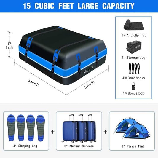 Rooftop Cargo Carrier Bag, 15 Cubic Feet Soft-Shell Waterproof Car Roof Luggage Bag for All Vehicles SUV with/Without Rails, Includes 10 Reinforced Straps + 4 Door Hooks,Storage Bag,Anti-Slip Mat,Blue