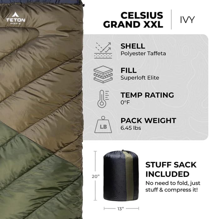 Teton Celsius XXL Sleeping Bag, Cold Weather Sleeping Bags for Adults and Kids, Camping Made Easy and Warm. Compression Sack Included, 35F, 25F, 0F, 20F Degree