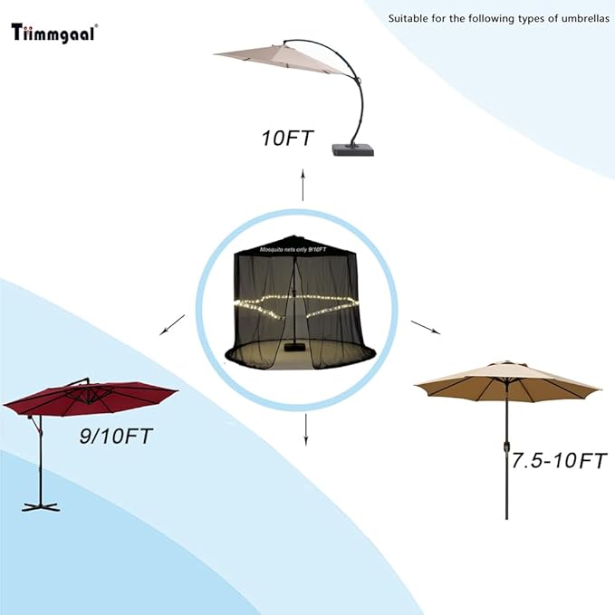 9/10FT Mosquito Net for Patio Umbrella Outdoors Screen Polyester Hanging Tent （Mosquito Net Only） (9FT/10FT(with Light))