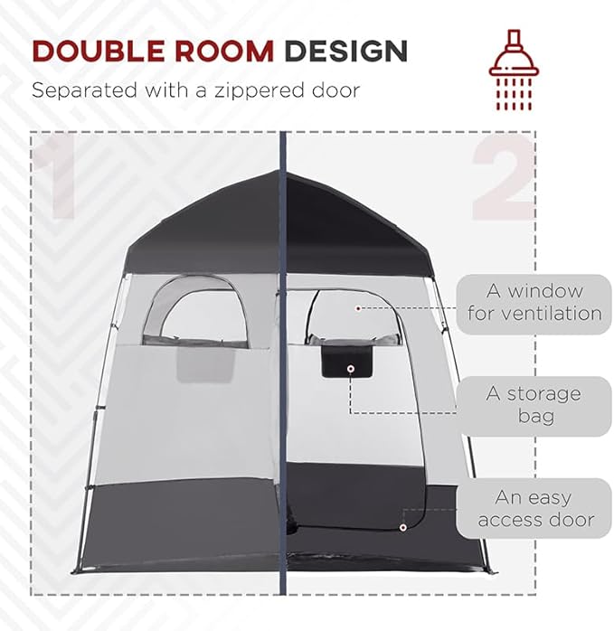 Outsunny Shower Tent, Pop Up Privacy Shelter for Camping, Dressing Changing Room, Portable Instant Outdoor Shower Tent Enclosure w/ 2 Rooms, Shower Bag, Floor and Carrying Bag