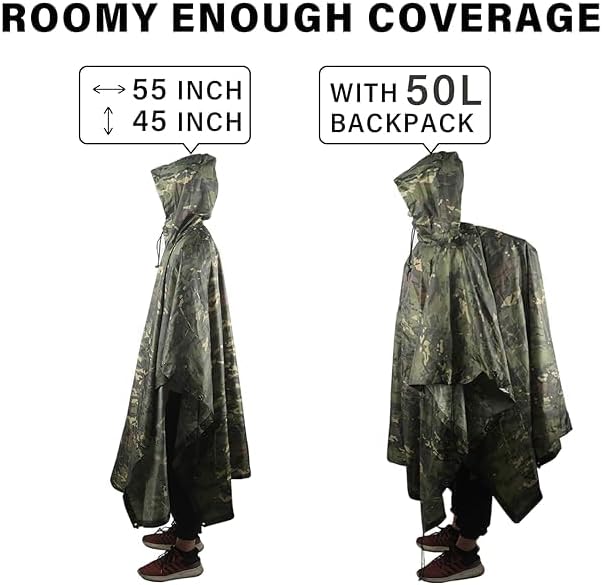 Camo Rain Poncho, Multi Use Waterproof Rain Coat