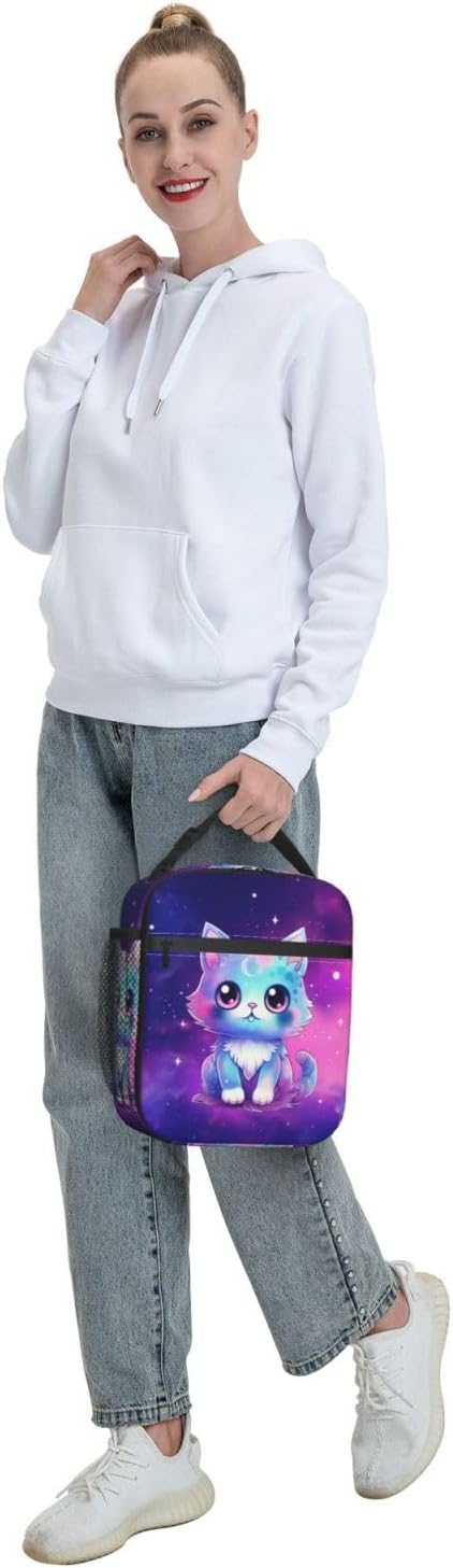 Galaxy Cute Cat Printed Insulated Lunch Box Portable Purple Lunch Bag with Detachable Handle,Reusable Lunchbox for Girls Boys Adults