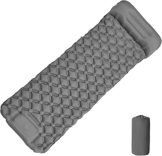 MEI&CO Ultra-Light Inflatable Sleeping Pad with Built-in Pillow & Foot Pump – for Camping, Hiking & Backpacking – Single Pad with Side Buttons for Double Conversion (1, Gray)
