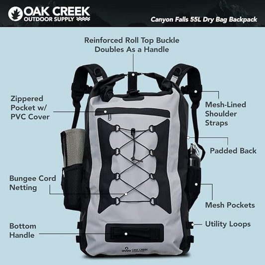 Canyon Falls (55L) XL Dry Bag Backpack. Premium Waterproof Backpack with Padded Back and Shoulder Straps. PVC Construction. Keep Your Gear Dry