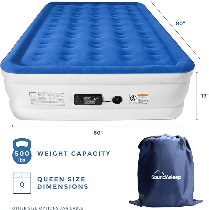 SoundAsleep Dream Series Luxury Air Mattress with ComfortCoil Technology & Built-in High Capacity Pump for Home & Camping- Double Height, Adjustable, Inflatable Blow Up, Portable - Queen Size