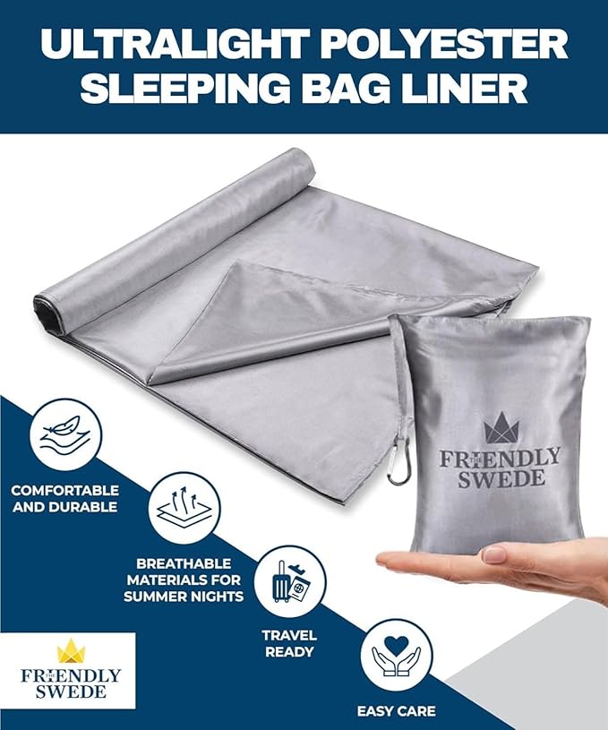 The Friendly Swede Sleeping Bag Liner — Ultralight Polyester or Cold Weather Microfiber Adult Sleep Sack; Thin Travel Sheets for Hotel; Camping Sheets; Travel Sleeping Bag with Pocket-Size Stuff Sack