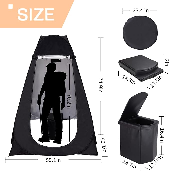 Portable Toilet with Tent, Portable Toilet Kit For Adults, 59in Large Pop Up Privacy Tent, Extra Large Camping Folding Toilet, Comfortable Leather Toilet with Toilet Bags, Washable for Camping