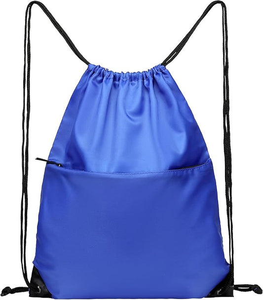 BuyAgain Drawstring Backpack Sports Water Resistant String Bag Sport Gym Sackpack for Women Men Large with Zipper, Royal