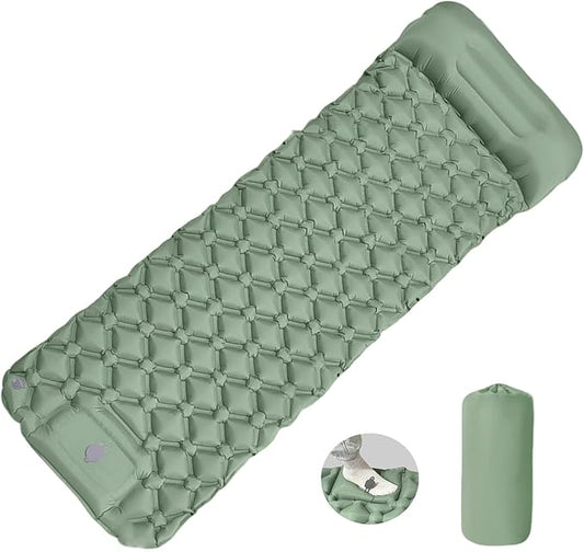 MEI&CO Ultra-Light Inflatable Sleeping Pad with Built-in Pillow & Foot Pump – for Camping, Hiking & Backpacking – Single Pad with Side Buttons for Double Conversion (1, Green)