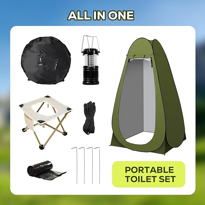 Portable Toilet Pop Up Privacy Tent Set, Outdoor Camping Bathroom Tent Potty for Adults, Stainless Steel Toilet Kit with Night Lantern, Foldable Instant Shower Changing Dressing Room with Carry Bag
