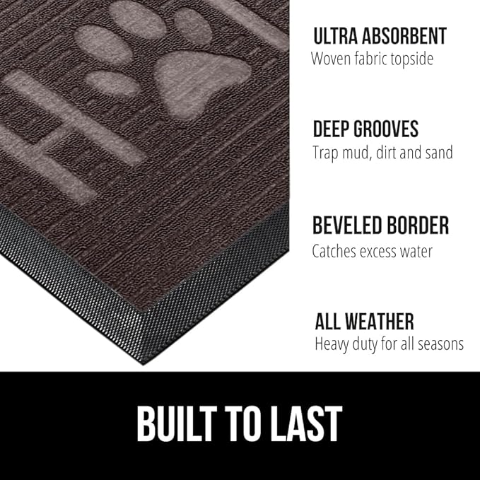 GORILLA GRIP 100% Waterproof All-Season WeatherMax Doormat, Durable Natural Rubber, Stain and Fade Resistant, Low Profile, Indoor Outdoor Door Mats, Easy Clean Patio Entrance Mat, Espresso Home Paw