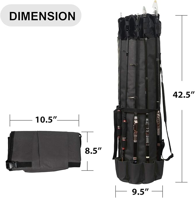 LEADALLWAY Portable Fishing Rod Case - Durable Folding Oxford Fabric Tackle Carry Bag - Multifunction, Large Capacity, Waterproof - Holds 5 Poles
