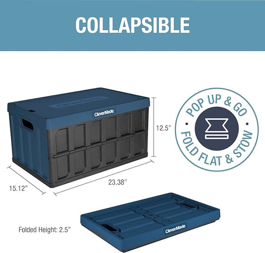 CleverMade Collapsible Storage Bins with Lids - Ocean 3 Pack 62L - Plastic Containers Stackable Organization Crates Home Closet Space-Saving Durable