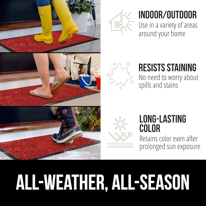 GORILLA GRIP 100% Waterproof All-Season WeatherMax Doormat, Durable Natural Rubber, Stain and Fade Resistant, Low Profile, Indoor Outdoor Doormats, Easy Clean Patio Entry Mat, 17x29, Red Vintage Wine