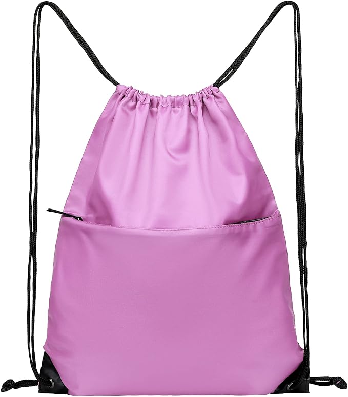 BuyAgain Drawstring Backpack Sports Water Resistant String Bag Sport Gym Sackpack for Women Men Large with Zipper, Pink