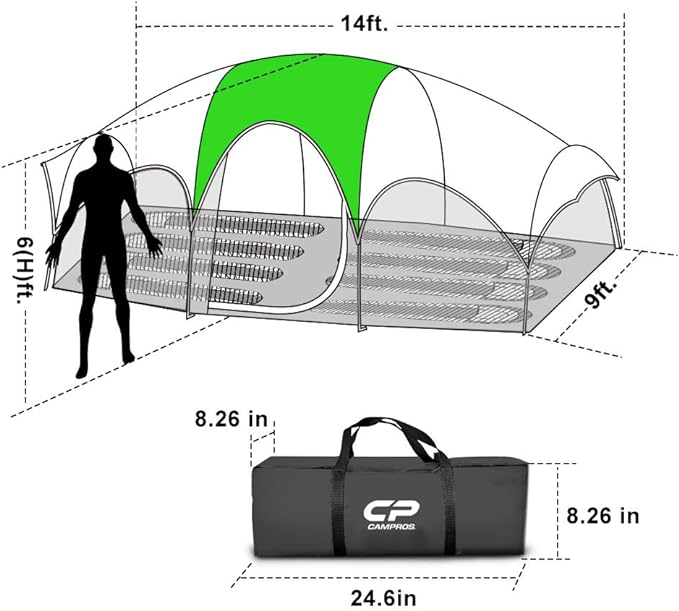 CAMPROS CP Tent 8 Person Camping Tents, Weather Resistant Family Tent, 5 Large Mesh Windows, Double Layer, Divided Curtain for Separated Room, Portable with Carry Bag