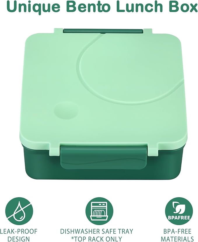 Bento Lunch Box Set for Kids with 8oz Soup Thermo, Leak-Proof Lunch Containers with 4 Compartment, Kids Thermo Hot Food Jar and Insulated Lunch Bag for Kid to School-Green