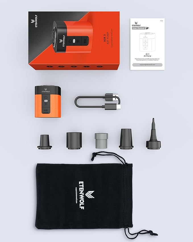 ETENWOLF AIR 3 Air Pump for Inflatables with 2600 mAh Battery & Camping Light, Ultra-Fast and Mini Electric Air Pump, Inflate Deflate for Air Mattress, Pool Floats, Vacuum Storage Bags