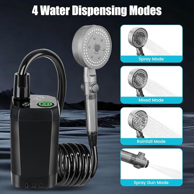 Portable Shower for Camping, 6000mAh Rechargeable Camping Shower Pump, IPX7 Waterproof, Adjustable Flow, with Handbag, Filtered Shower Head, 6ft Hose, Outdoor Camp Shower Kit for Camp, Travel, Beach
