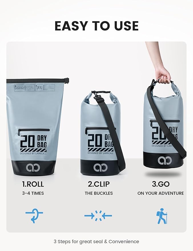 Lamicall Dry Bag Waterproof Backpack - [Zippered Pocket] 10L/20L Roll Top Waterproof Bag with Water proof Phone Case, Floatable Drybag for Swimming, Boating, Kayaking, Camping, Beach