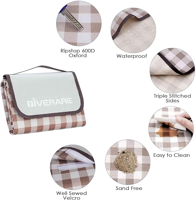 GIVERARE Picnic Beach Blanket Extra Large, XL Sandproof Waterproof Outdoor Camping Blankets 80x60in, Sand Free Oversized Mat, Quick Drying Portable Mats for Travel, Hiking, Music Festival, Lawn-Brown