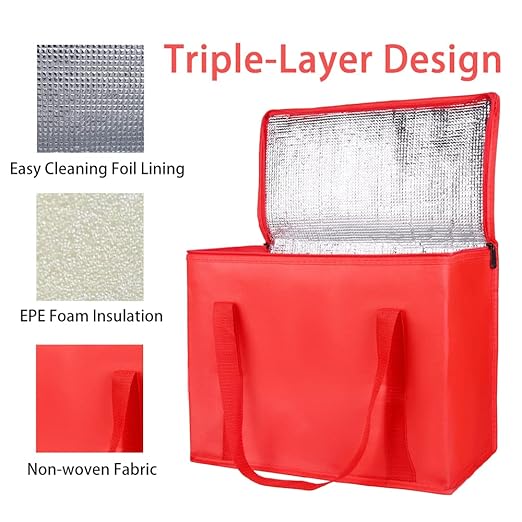Bodaon 1-Pack Insulated Reusable Grocery Shopping Bags, X-Large Picnic Cooler Bag with Zipper Zippered Top Cold, Insulated Food/Pizza Delivery Bag (Red)