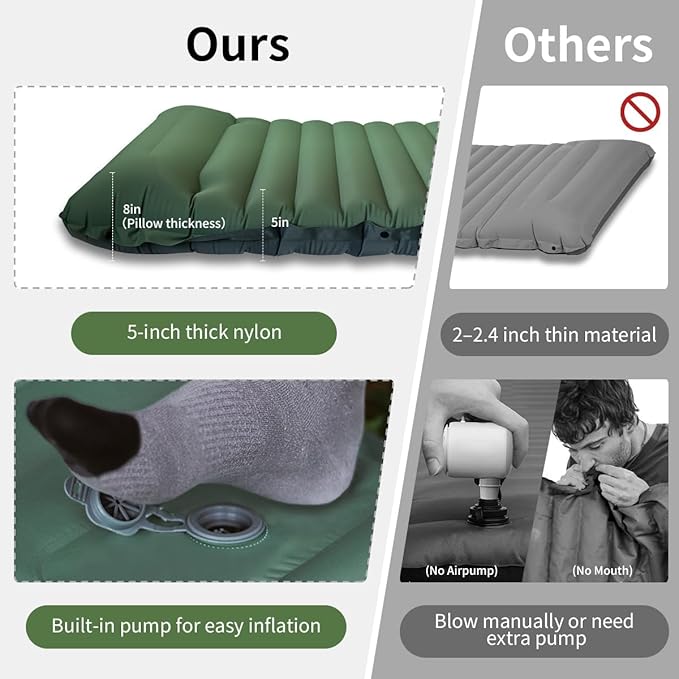Camping Sleeping Pad, Extra Thick 5 Inch Ultralight Sleeping Pad for Camping with Pillow Built-in Foot Pump Inflatable Sleeping Pads Compact for Camp Backpacking Hiking Traveling