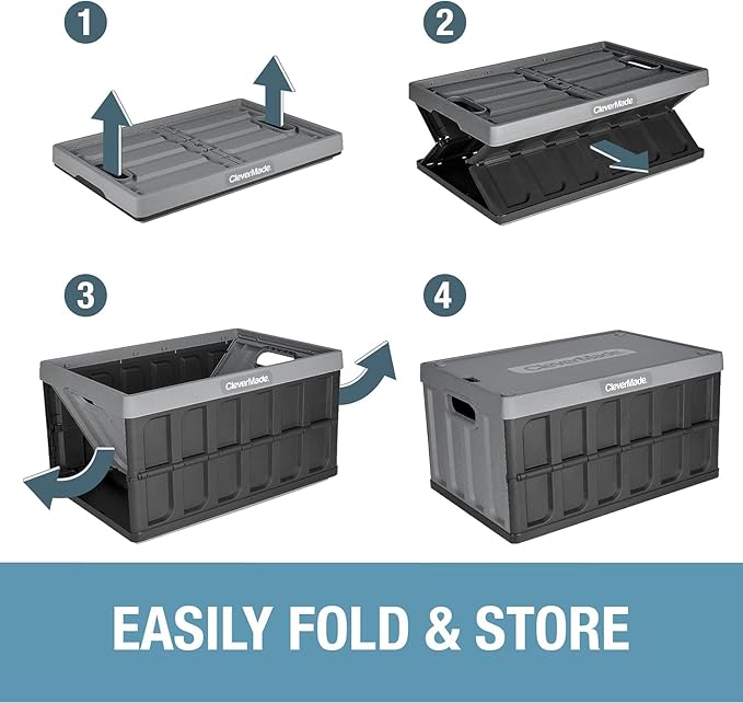 CleverMade Collapsible Storage Bins with Lids - Ocean 3 Pack 46L - Plastic Containers Stackable Organization Crates Home Closet Space-Saving Durable