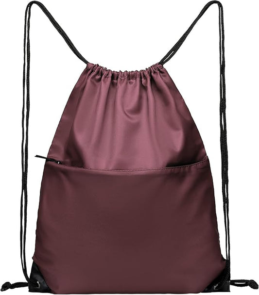 BuyAgain Drawstring Backpack Sports Water Resistant String Bag Sport Gym Sackpack for Women Men Large with Zipper, Burgundy