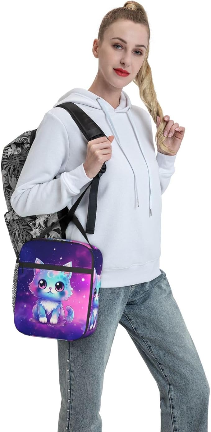 Galaxy Cute Cat Printed Insulated Lunch Box Portable Purple Lunch Bag with Detachable Handle,Reusable Lunchbox for Girls Boys Adults