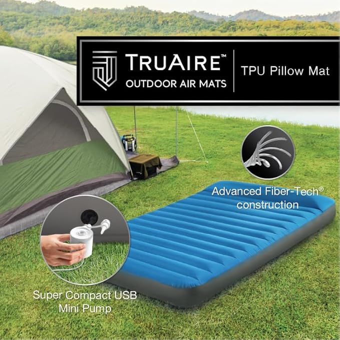 Intex 64011E TruAire TPU Luxury Camping Mattress: Fiber-Tech – Puncture-Resistant Laminate – QuickFill USB Air Pump – 300lb Weight Capacity – Twin Size