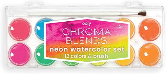 Ooly, Chroma Blends Neon Watercolor Paint Set, Watercolor Pack for Creative Kids and Adults, Bright Neon Colors in a Portable Case, Art Supplies for Ages 6 and Up, Brush Included