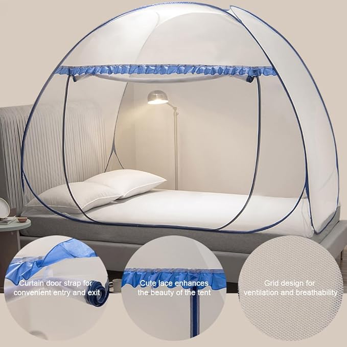 Mengersi Mosquito Net Tent for Bed,Pop-Up Bed Canopy with Net Bottom,Mosquito Netting Bed Tent for Kids Girls Boys,Bed,Suit for Indoor Outdoor (Full/Queen, Blue)