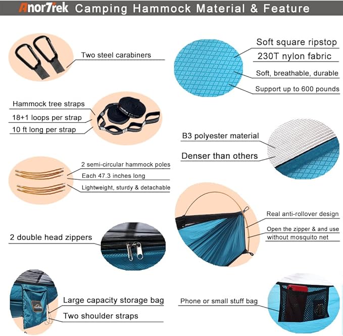 Camping Hammock with Mosquito Net and Rain Fly Tarp, Portable Double Hammock with Two Tree Straps, 230T Nylon Hammock and Waterproof Rain Fly Set for Hiking, Backpacking, Overnight (Blue)
