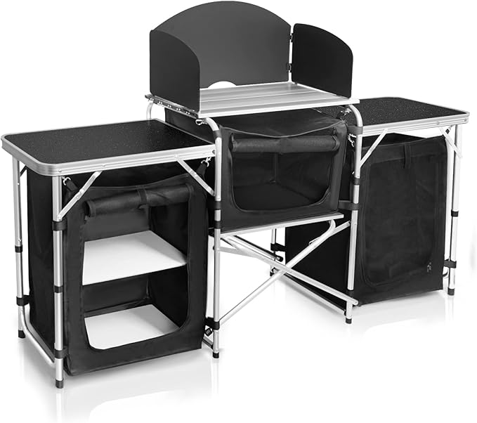CampLand Folding Cooking Table Outdoor Portable Cook Station Aluminum Camping Kitchen with Storage Organizer, Windscreen, Hooks for BBQ, Party (Black3cabinet)