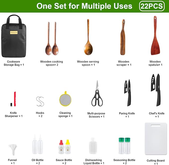 Camping Cooking Cookware Set - Upgraded 22PCS Camp Kitchen Organizer with Wooden Utensils, Portable Gear for Outdoor Dining Essentials