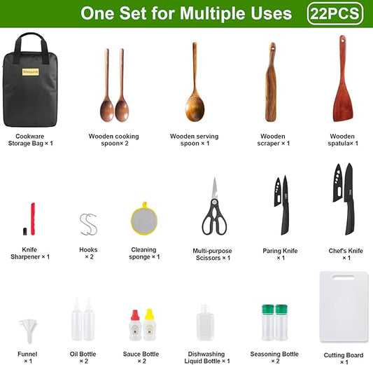 Camping Cooking Cookware Set - Upgraded 22PCS Camp Kitchen Organizer with Wooden Utensils, Portable Gear for Outdoor Dining Essentials
