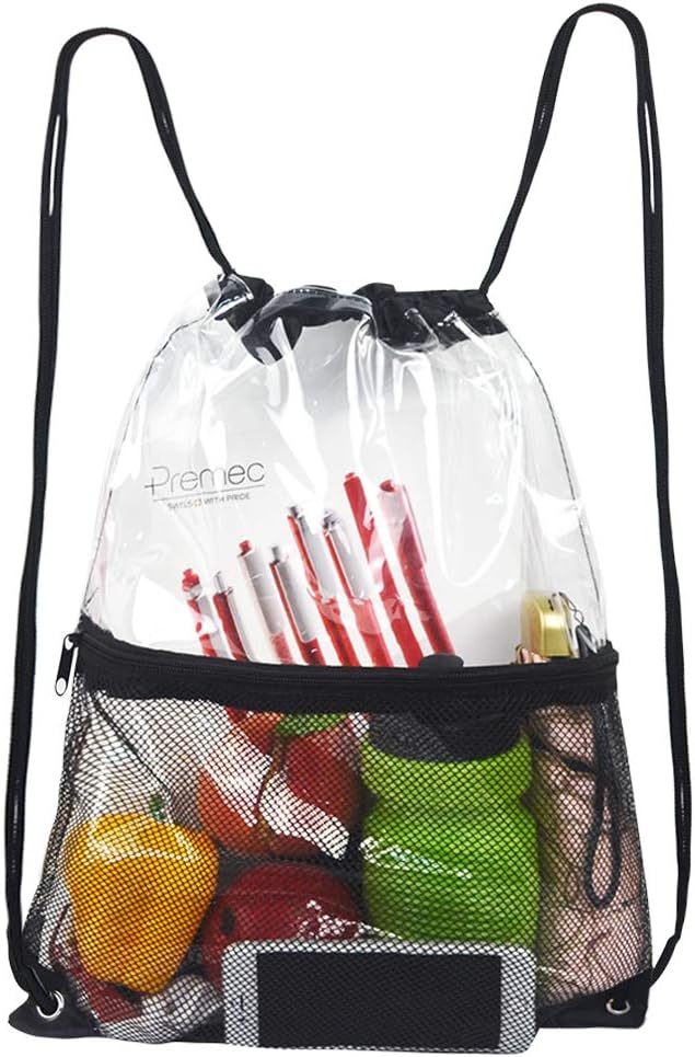Clear Drawstring Bag, PVC Drawstring Backpack with Front Zipper Mesh Pocket